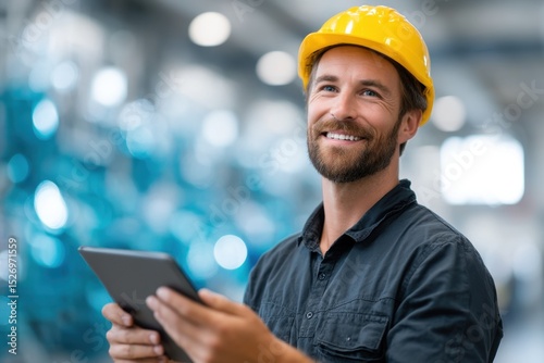 A construction worker in a yellow hard hat smiles confidently while holding a tablet at an industrial site.