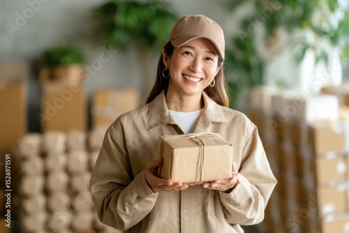 A delivery person stands in a warehouse, cheerfully holding a small package. Surrounded by stacks of cardboard boxes, she wears a beige uniform and a cap.