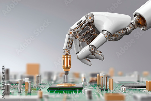 Robotic hand with precision tool working on microchip in futuristic high-tech environment, symbolizing automation and artificial intelligence