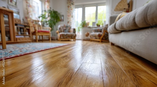 A well-furnished living room boasts shiny wooden flooring, comfortable seating, and abundant sunlight pouring through large windows, creating a warm and inviting atmosphere in the afternoon.