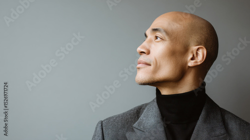 confident portrait of producer positioned to right with clean ultrabright minimalist background