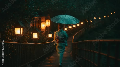 Woman in a kimono walking a path at night under an umbrella