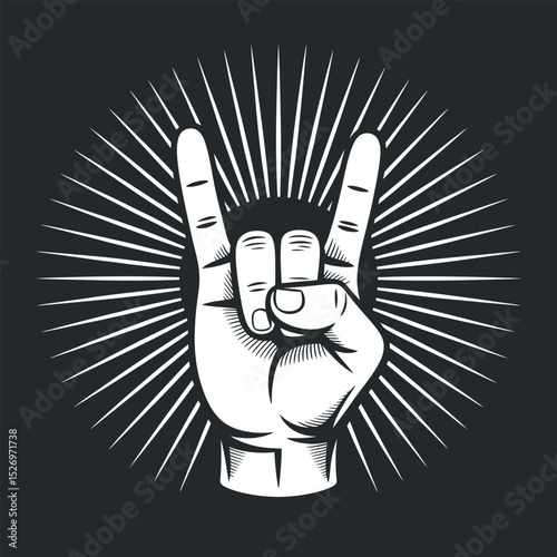 Rock and roll hand gesture with radial rays on a dark background vector illustration for music and entertainment
