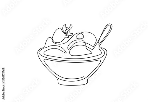 Dessert with cream and strawberry and straw in creamer, ice cream, cocktail. continuous single one line drawing.Hand drawn one line vector. Editable stroke	