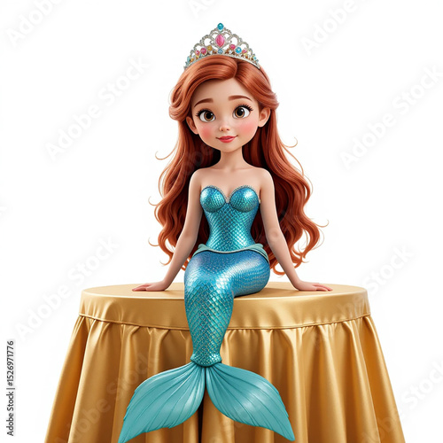 Mermaid Wearing Shiny Blue Tail And Tiara, Sits On Draped, Golden Table.eps