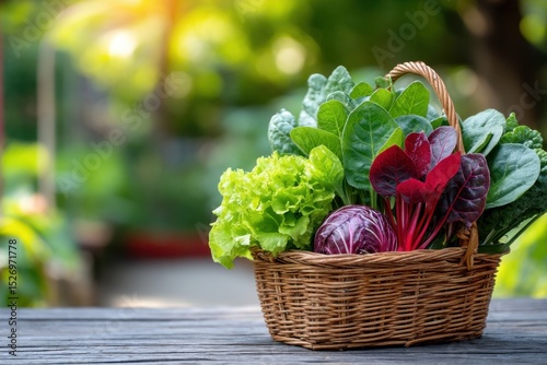 A woven basket filled with fresh greens sits on a wooden table, surrounded by a lush garden.