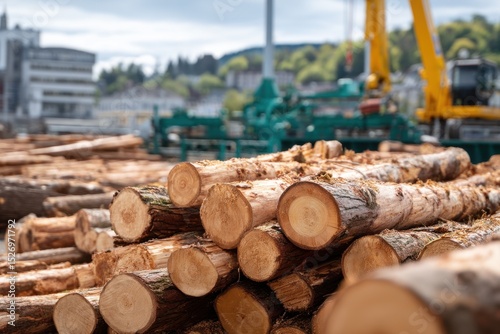 Stacked logs are arranged neatly at a lumber yard. Heavy machinery is in operation under a partly cloudy sky, highlighting the timber industry’s activity in a city environment.