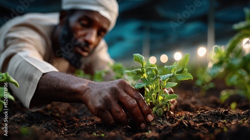 A dedicated gardener is carefully planting and nurturing young mint seedlings in a well-lit greenhouse. Natural light highlights the green leaves, showcasing the importance of sustainable agriculture.