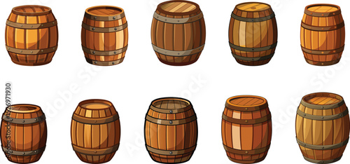 old wooden barrel set vector illustration