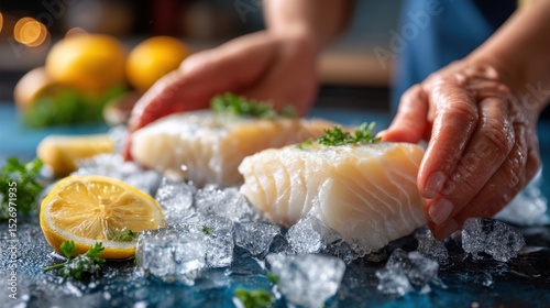 Hands carefully place fresh fish fillets on a bed of ice while lemon slices and herbs surround them, highlighting the preparation for a seafood dish in a well-lit kitchen.