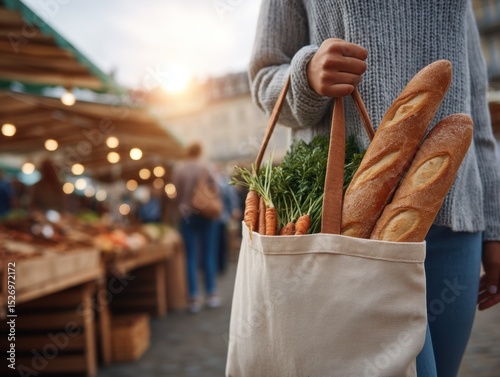 A person holds a tote bag filled with freshly baked bread and vibrant carrots, walking through a bustling market. The setting sun adds a warm glow to the lively atmosphere.