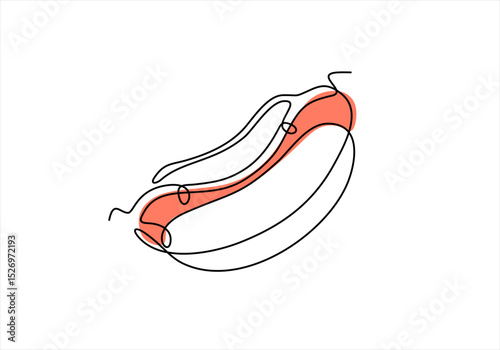 Hot dog continuous line drawing. Minimalist food and drink concept isolated on white, Continuous line art Hot Dog sausage full topped, ketchup. Hand drawn one line vector. Editable stroke	