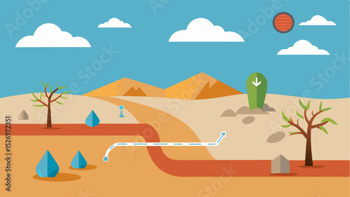 A series of graphics showing the progression of a drought from a full lake to a barren desert landscape with the caption Stop the Cycle Ration Water Now.. Vector illustration