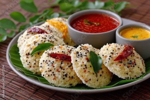 A platter displays soft and fluffy idlis seasoned with mustard seeds, accompanied by vibrant chutneys on the side. This traditional South Indian breakfast showcases the fresh flavors and textures.
