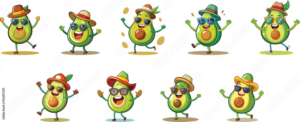 Obraz premium Happy avocado with hat and sunglasses cartoon character vector illustration