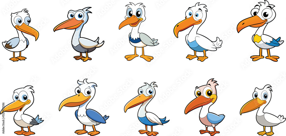 Obraz premium cute pelican bird cartoon set vector illustration