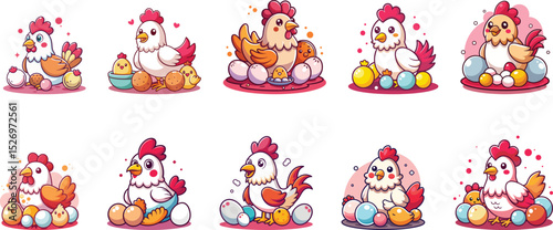 cute hen with colorful eggs cartoon set vector illustration