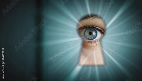 Creepy eye in keyhole with beams of light in dark environment  
