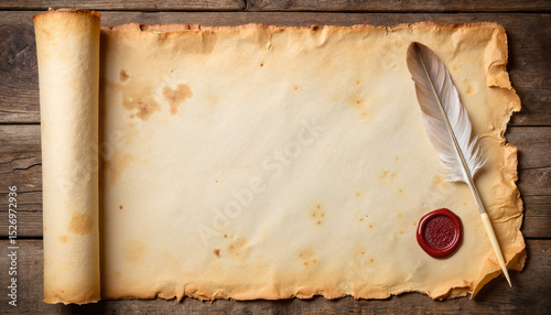 Feather quill and spell scroll on wooden background for Halloween  