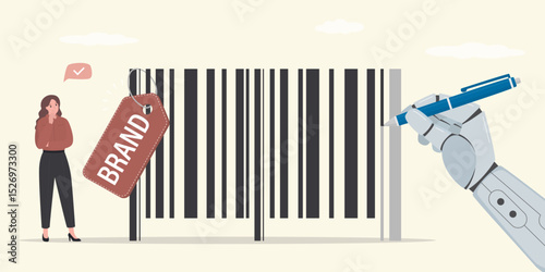 Creative businesswoman and AI robot drawing bar code. Company identity or build your personal brand, trademark promotion. Big barcode symbol. Brand design creation process.