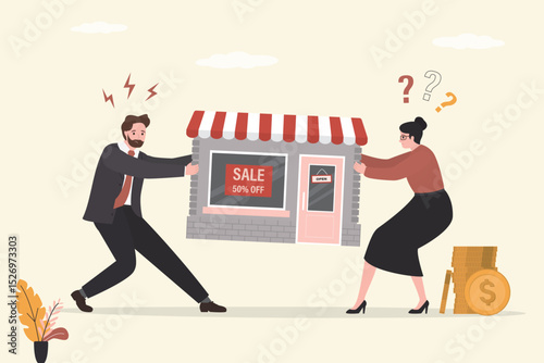 Conflict, fight over business, territory or trademarks. Businessman and businesswoman pull building each other to fight or want to get shop. Acquisition, property dispute.