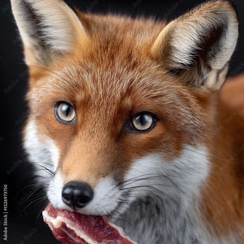 Fototapeta premium Close-up of a red fox eating meat