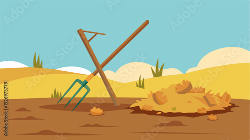 A brokendown hay rake lies in pieces on the ground no longer able to gather and bale the hay crop a clear sign of the decline in hay production.. Vector illustration