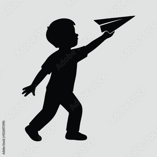 Boy throwing paper airplane flying high Silhouette Vector