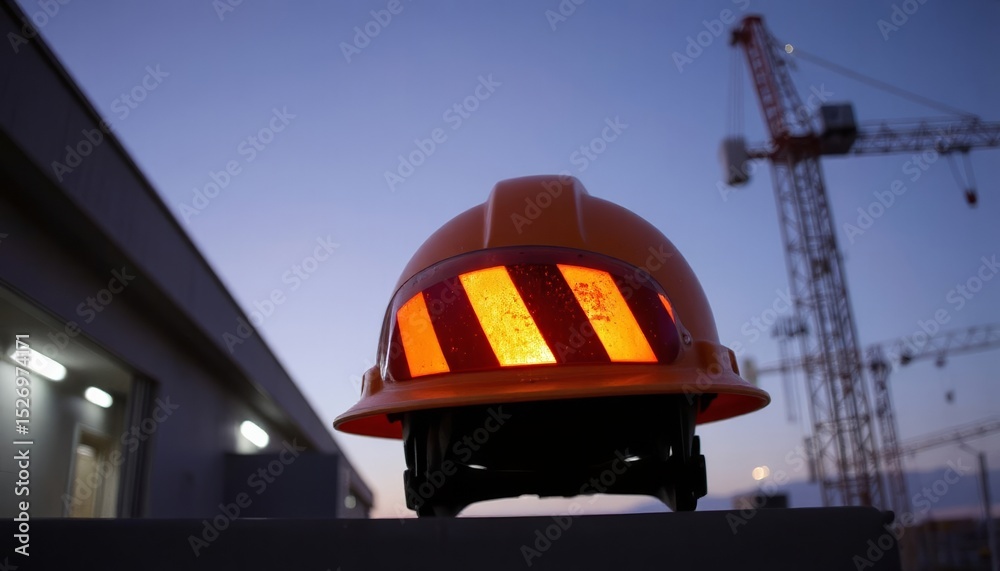 Fototapeta premium Construction worker's helmet with reflective tape at sunset with crane in background