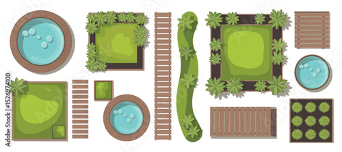 Top View Garden Landscape Elements with Hot Tubs Greenery Grass and Wooden Paths for Architectural Visualization and Design Projects