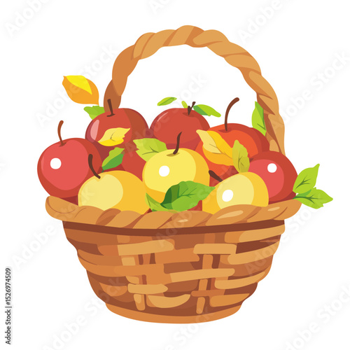 2D flat Basket Full Autumn Apples illustration vector, isolated on a white background.