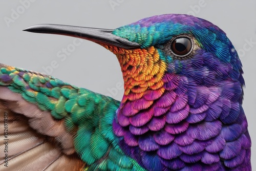 A stunning hummingbird displays its vivid feathers in a close-up view, revealing a blend of colors that range from deep purple to bright orange.