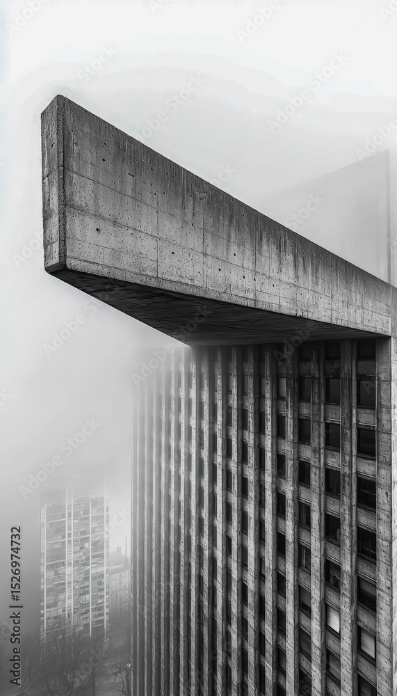 Fototapeta premium Modern concrete building with an overhanging top structure in a foggy city skyline