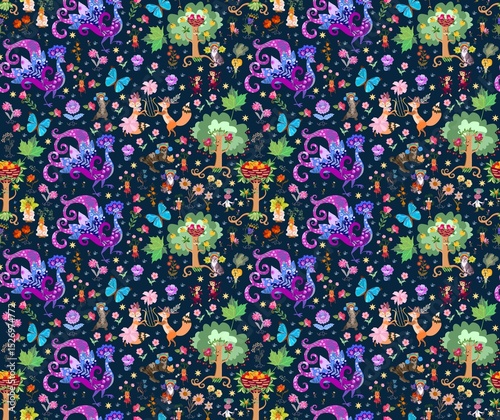 Fairy tale seamless pattern with cats, foxes, monkeys,  peacocks, butterflies, trees, flowers and vegetables. Magic garden.