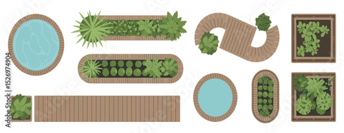 Garden Design Elements Top View with Pools Wooden Paths and Potted Plants for Landscaping and Architectural Planning Isolated on White Background