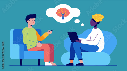 Cognitive therapy A person is seen in a therapy session working with a trained professional to restructure thought patterns and promote neuroplasticity.. Vector illustration