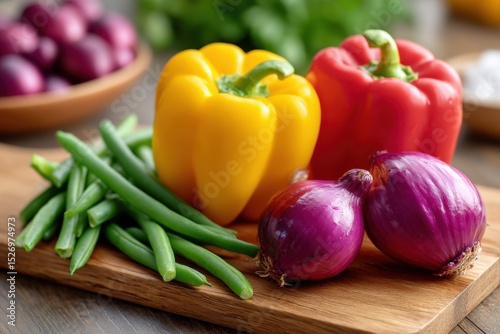 Fresh bell peppers, onions, and green beans are arranged on a wooden cutting board, showcasing vibrant colors and textures, ideal for preparing healthy meals in a kitchen setting.