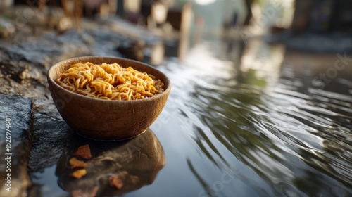 A rustic bowl filled with vibrant noodles sits untouched by the water's edge, inviting curiosity in a tranquil riverside setting at midday.