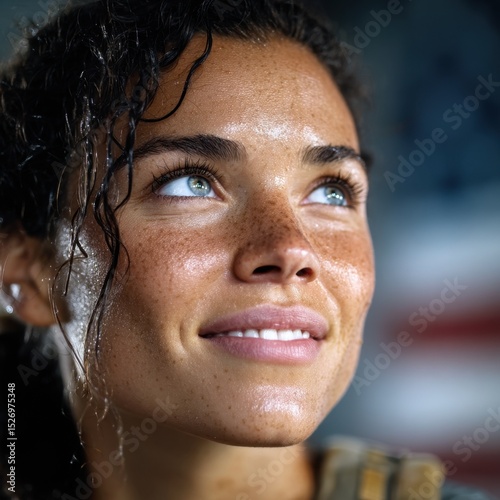 Woman with curly, dark hair and freckled skin smiles warmly while looking upwards, capturing a moment of joy and optimism in an indoor setting with a colorful backdrop.