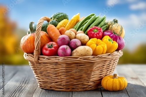 A woven basket overflowing with a vibrant assortment of vegetables including pumpkins, tomatoes, carrots, and beans sits on a wooden surface with a blurred autumn landscape in the background.