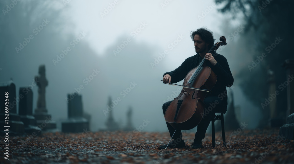 Obraz premium Cellist performing amid fallen autumn leaves, producing somber melody within misty cemetery landscape. Melancholic musical moment