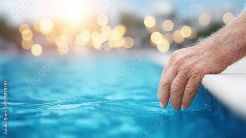 A hand reaches into the clear blue water of a swimming pool, creating gentle ripples as sunset light sparkles around the serene setting, evoking a sense of tranquility.