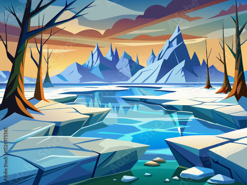 vector of A lake that is frozen and the ice is crumbling and cracking.