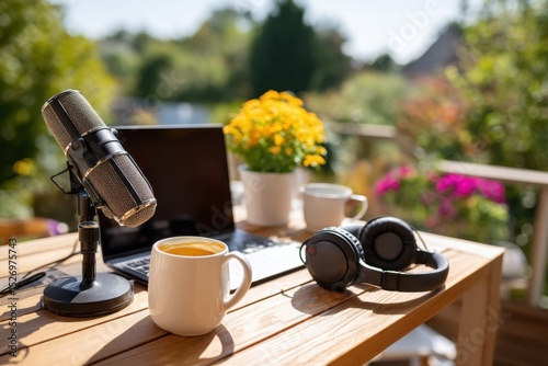 A bright morning on a terrace features a microphone, laptop, a steaming cup of coffee, and headphones, all set against a backdrop of vibrant garden flowers, creating a perfect podcasting atmosphere.