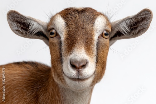 Closeup of a goats face showing its fur ears eyes and nose against a white background