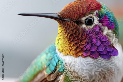 A close-up view of a mesmerizing hummingbird reveals its exquisite feathers, displaying rich colors and detailed patterns as it rests peacefully in its environment.