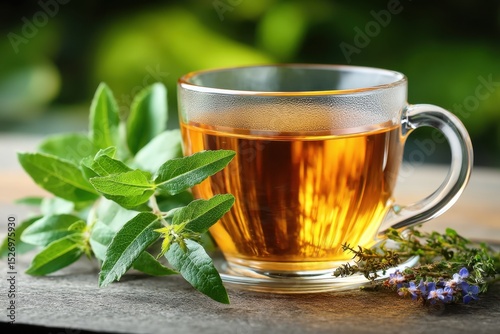 A clear glass cup filled with steaming herbal tea sits on a wooden surface. Surrounding it are fresh green leaves and sprigs, creating a natural and inviting atmosphere.