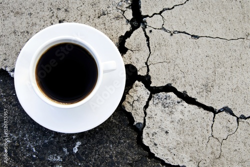 Top view of black coffee cup placed beside cracked concrete pavement. AI-generated. photo