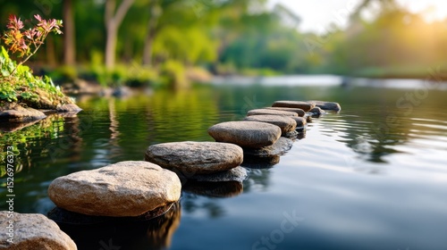 A series of smooth stones forms a tranquil path across calm water, reflecting soft sunlight. Lush trees and vibrant plants frame the scene, creating a soothing atmosphere for contemplation.
