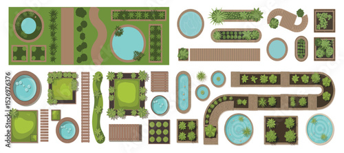 Top View Garden Design Elements with Ponds Paths Plants and Wooden Structures for Landscaping and Outdoor Space Planning and Architectural Visualization Purposes